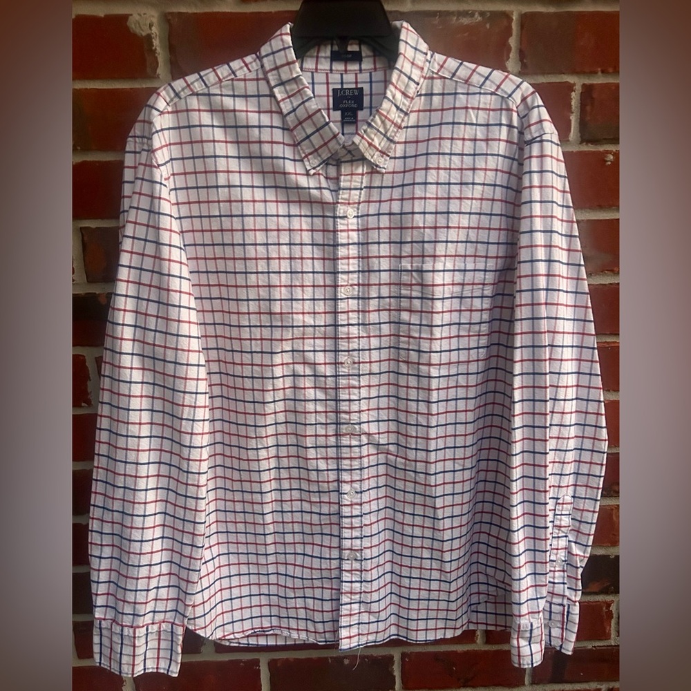 J. Crew Slim Fit Flex Oxford XXL Long Sleeve Button Down Red Blue Plaid Shirt M1